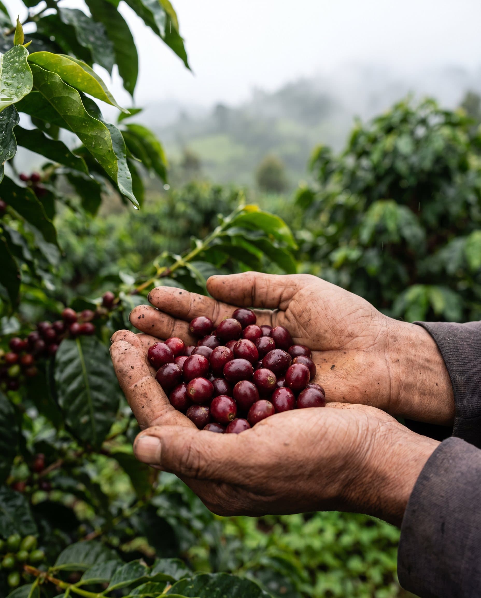 Von Hand gepflückte rote Kaffeekirschen